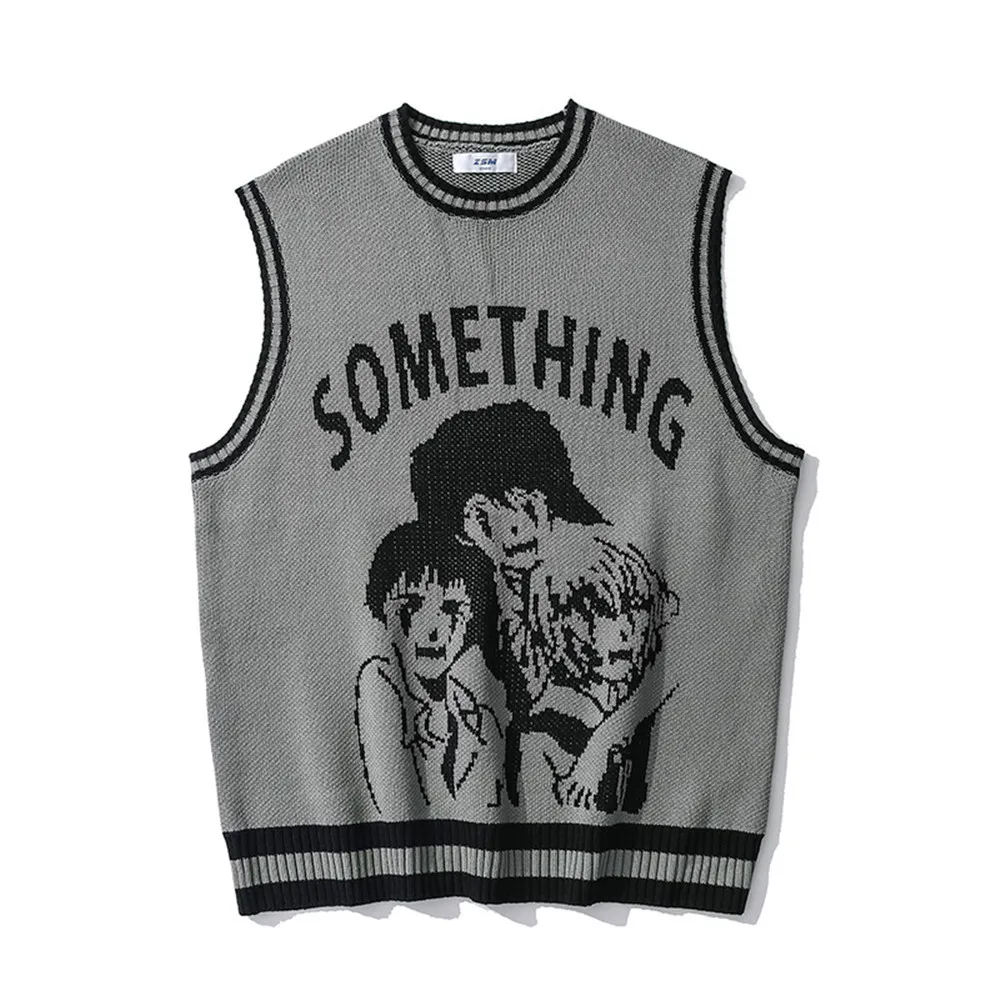2021 College Knitted Vest Sweaters Men Street Hip Hop Casual Band Cartoons Anime Pattern O-neck Sleeveless Sweaters Tops