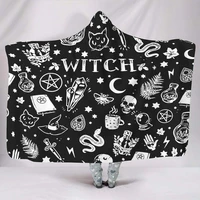 black and white witches magic tattoo cat snake skull moon stab magic symbol print hooded blankets soft warm plush hoodie blanket