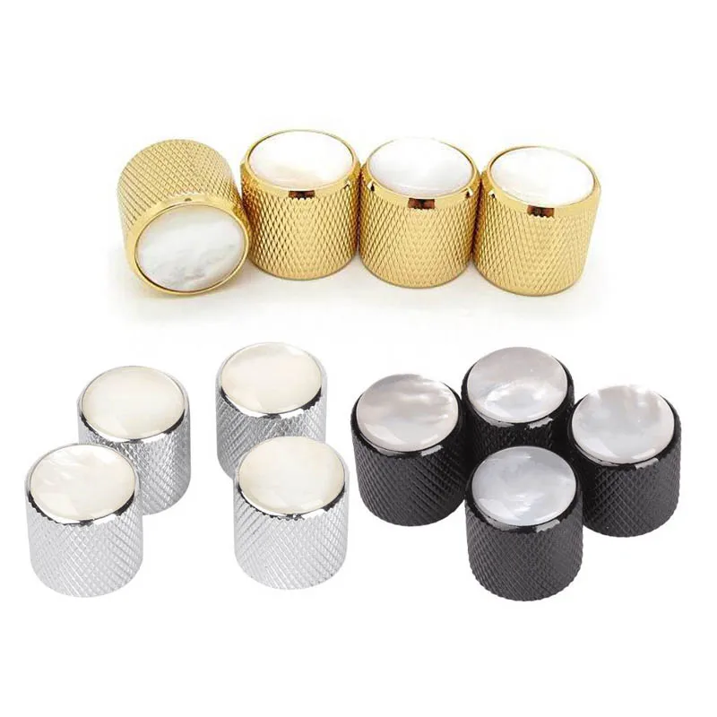 

4 pcs Gold/Black/Chrome White Pearl Top Guitar Dome Knobs with Set Screw for Tele Guitars White Pearl Cap Bass Knobs