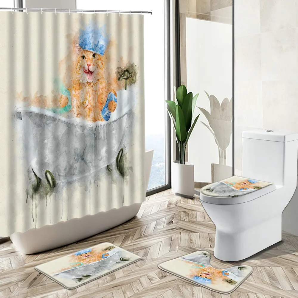 

Bathing Cat Shower Curtain Lion Leopard Parrot Animal Watercolor Art Bathroom Decor Non-Slip Carpet Toilet Cover Floor Mat Set