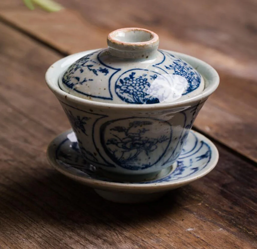 1 шт. винтажный маленький синий и белый Gaiwan китайский старинный глазурь