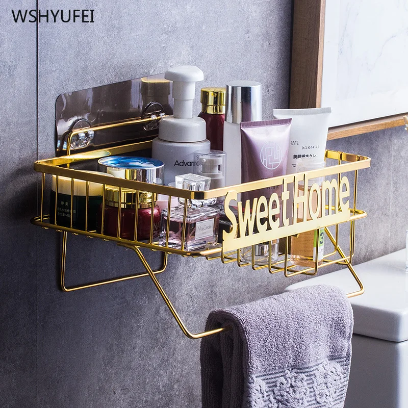 

WSHYUFEI Bathroom Punch Free Shower Shelf Golden Wrought Iron Shampoo Storage Rack Holder Sticker Hangers Towel rack