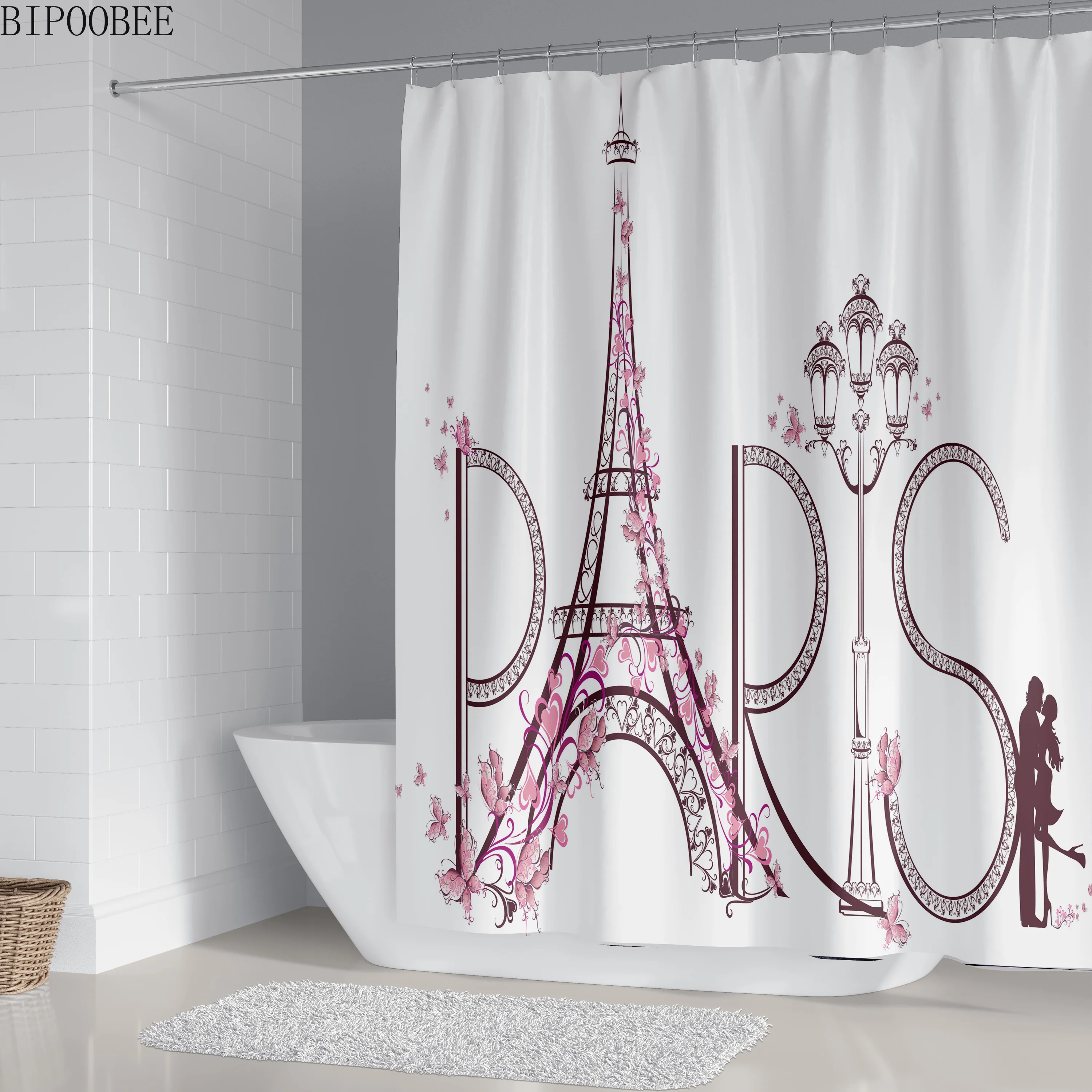 Розовая бабочка Эйфелева башня печати Душ Шторы s Ванная комната белый коврик для
