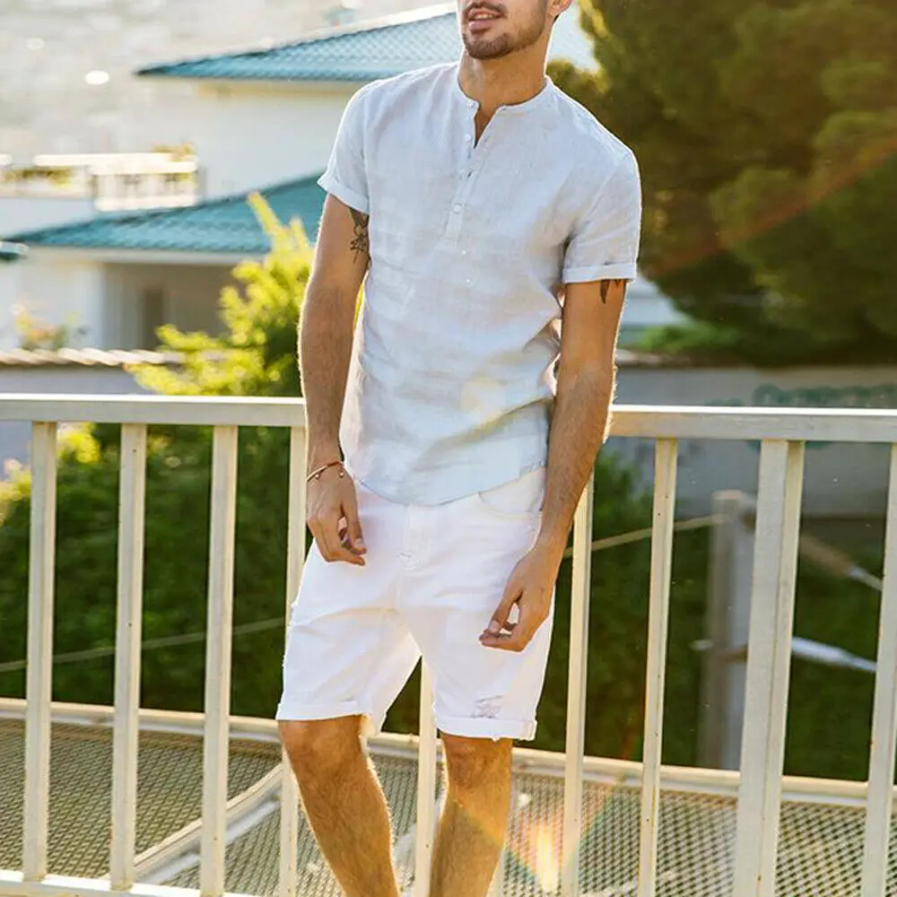 Рубашка Мужская льняная с коротким рукавом Повседневная Свободная сорочка в