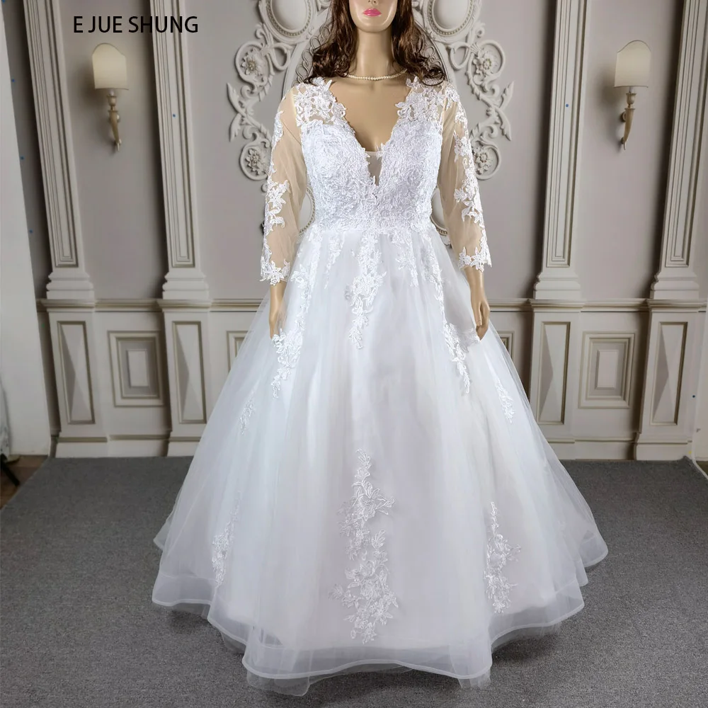 

E JUE SHUNG Lace Appliques Plus Size Wedding Dresses V-neck Ball Gown Long Sleeves Bridal Gowns Robe De Mariee Real Dress