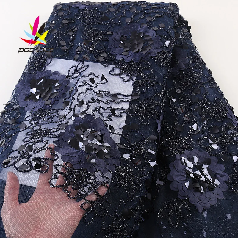 

African Lace Fabric 2021 High Quality Sequins Lace Fabric 3d French Lace Beaded Handmade Tulle Lace Fabric For Women XZ2640B-1