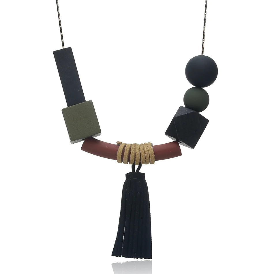 Геометрическое длинное ожерелье с деревянными бусинами для женщин длинные