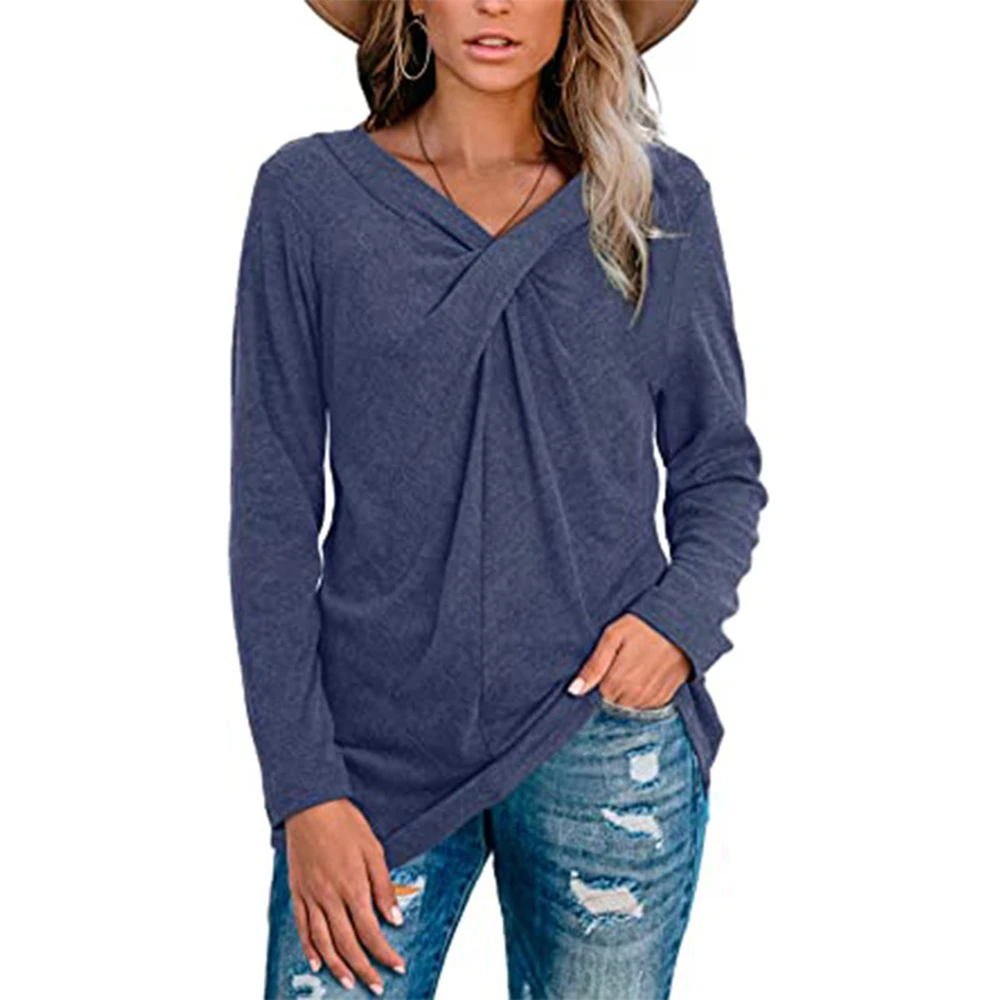 

Autumn Woman Long Sleeve T-Shirts Casual Fashion Design Knotted V Neck Pullover Tops Female Loose Basic Tee Shirts Streetwear