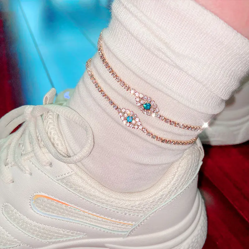 Браслеты на ногу женские золотистые анклет с кристаллами и звеньями сглаза