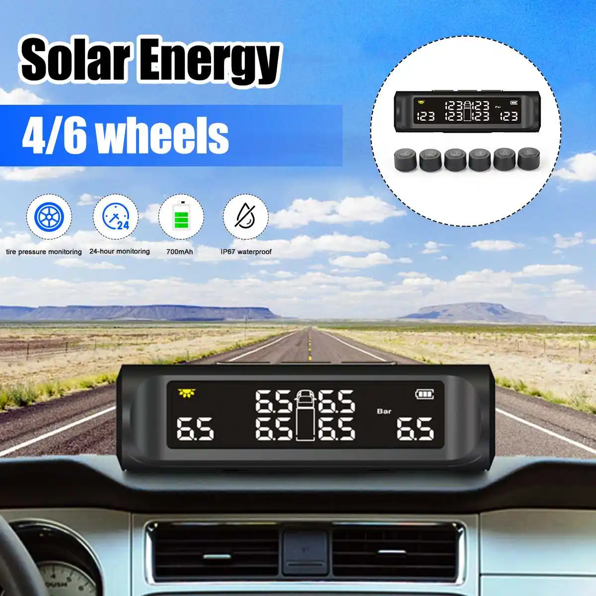 

Car Smart TPMS Tire Pressure Alarm Tool Solar 700mAh LCD HD Display with 6 External Sensors For RV Truck Trailer