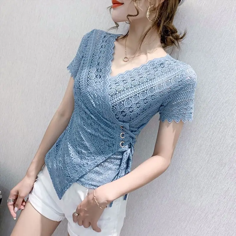

2021 summer new irregular cross V-neck Lace Waist sexy hollow top fashion