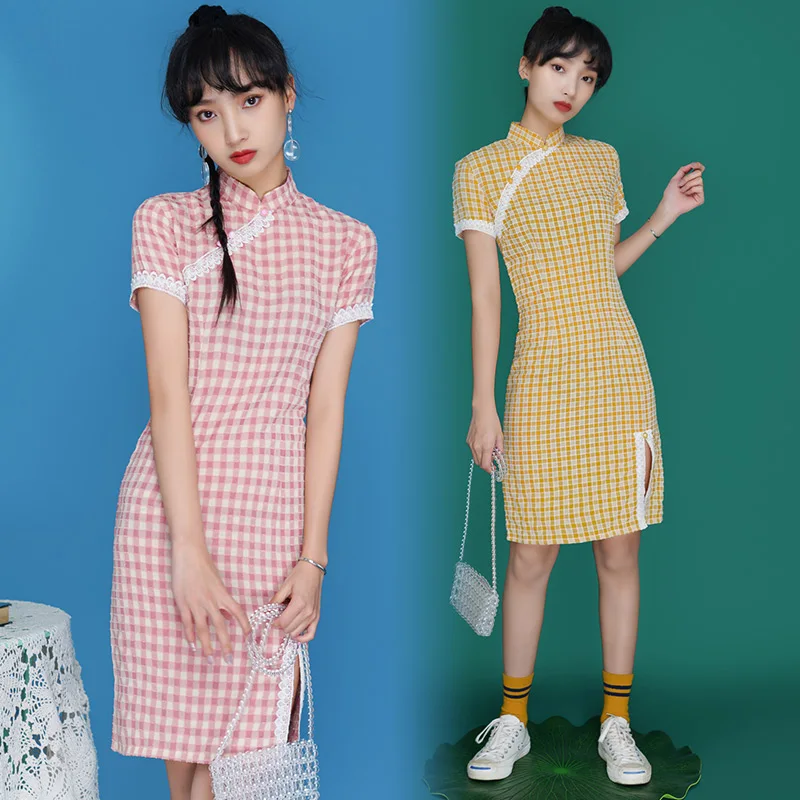 

New improved cheongsam Chinese wind in spring and summer with short sleeves lace vented everyday teen grid cultivate one's moral