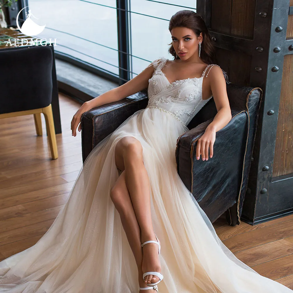 

Aedmgh Sheath Wedding Dresses 2022 Sweetheart Tassel Spaghetti Straps Split Train Robe De Mariage Appliques Tulle Bridal Gowns