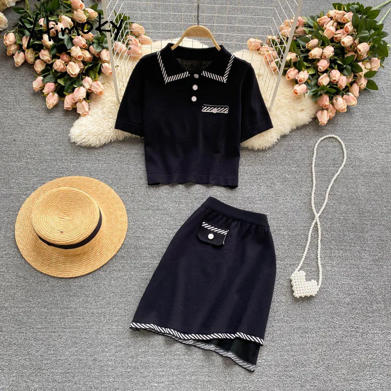 

Yitimoky 2 Piece Knitted Skirts Sets Women Short Sleeve Turn-down Collar Shirts Elastic High Waist Skirt 2021 Summer Korean New