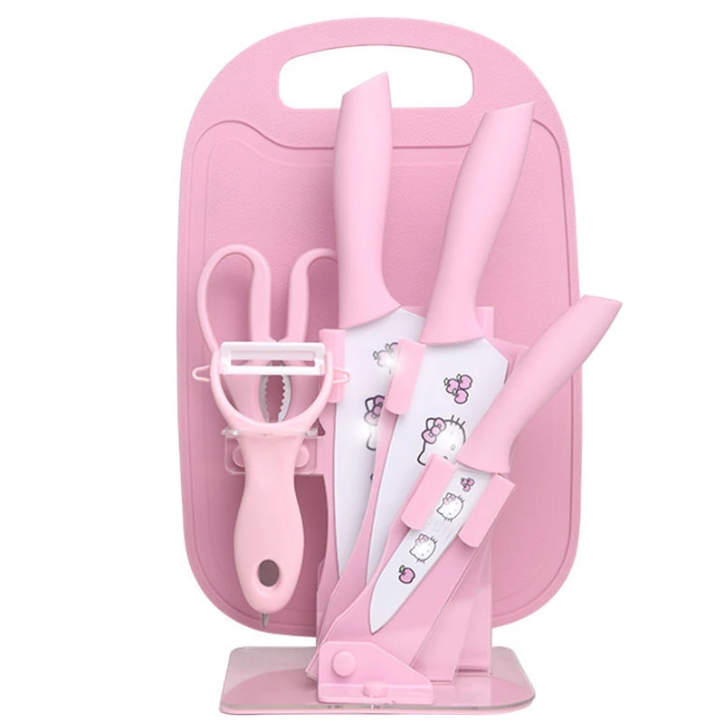 

Super Cute Pink Princess Cartoon Stainless Steel Fruit Knife Kitchen Knife Scissors Peeler Cutting Board Storage Rack 7Piece Set