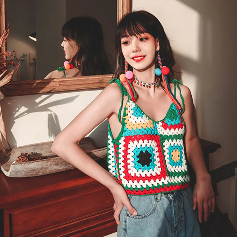Пляжный богемный вырезанный топ в японском стиле для девушек вязаный крючком с