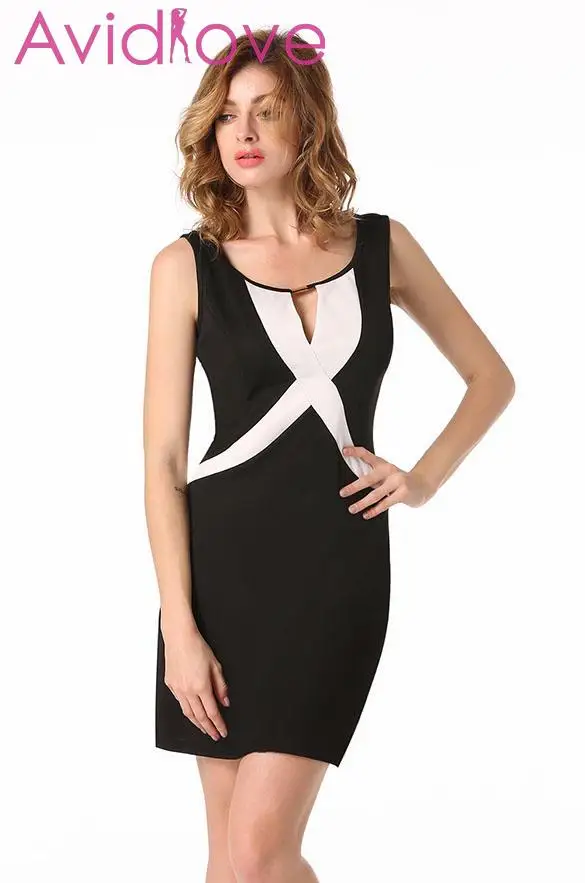 Finejo Stylish Ladies Women Sexy Keyhole Sleeveless Patchwork Slim Casual Mini Dress | Женская одежда