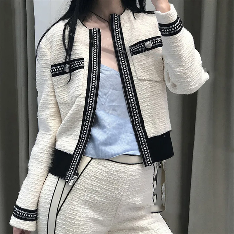 Женская твидовая укороченная куртка бежевое короткое пальто на молнии с круглым