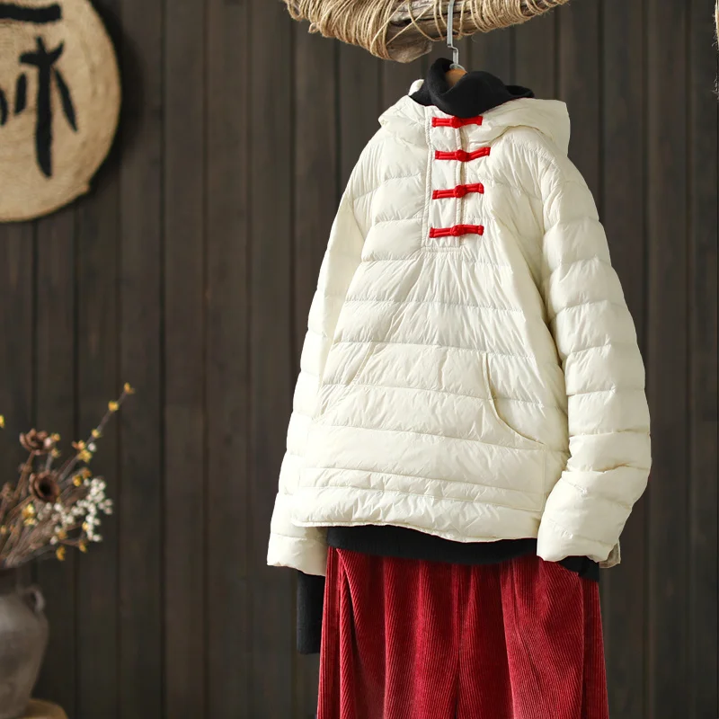 

Winter style Winter Women Vintage Button Hooded White Duck Down Short Jacket Casual Female Loose Warm Down Coat Chic Snow