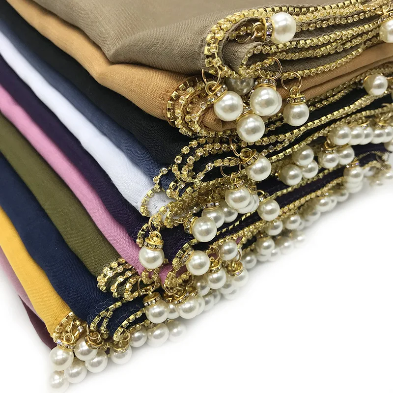 

Fashion Ladies Long Scarves With Dimonds Chain Big Pearls Elegant Women's Muslim Hijab Viscose Malaysia Headscarf Turban Wrap