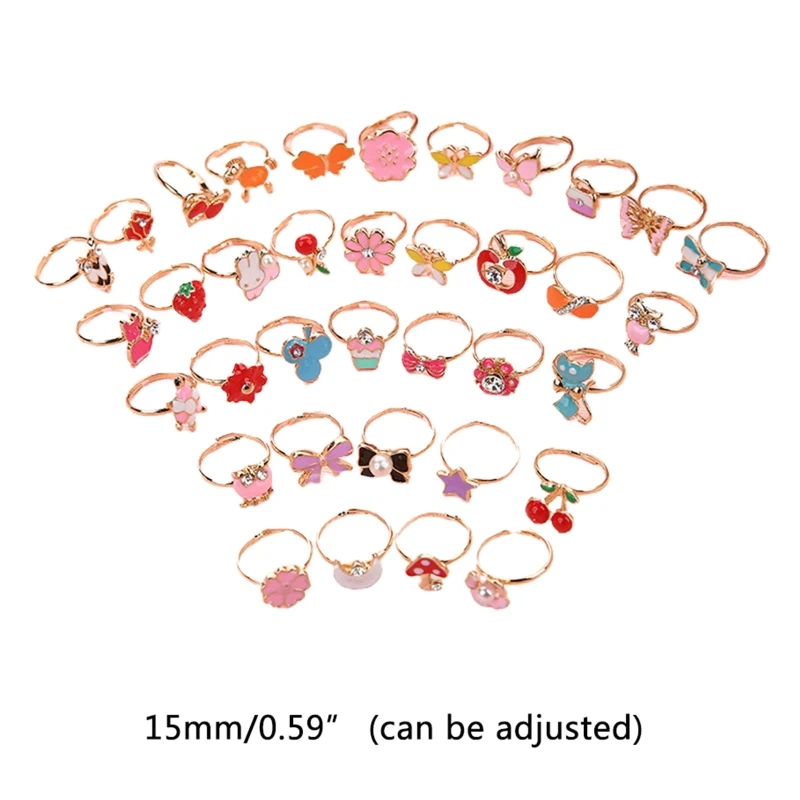 

36 Pcs/set Cartoon Children Rings Flower Animal Adjustable Alloy Kids Ring 23GE