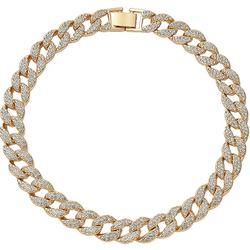 

YiJia High Quality 8 Inch Ice Out Cuban Link Bracelets for Men Women 15mm Gold Color Rhinestone Hip Hop Jewelry