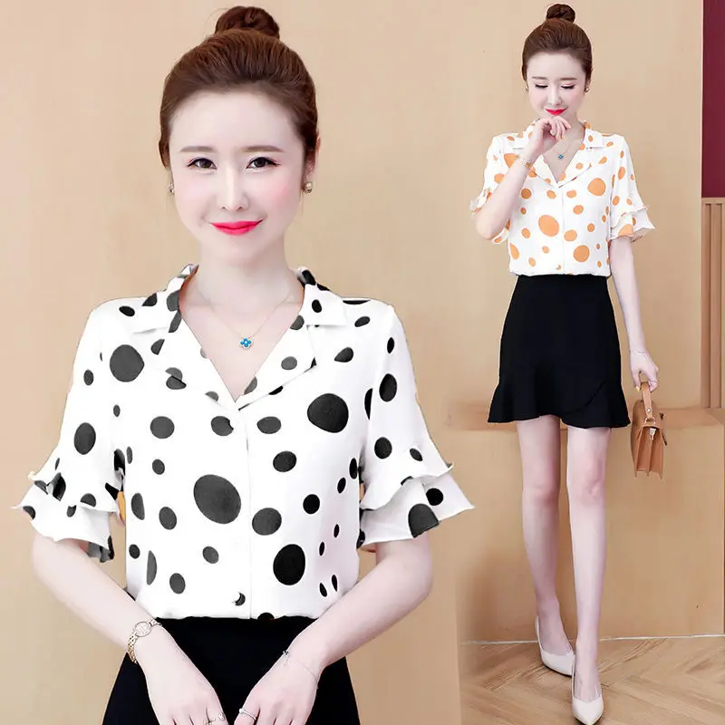 

Korean Fashion Polka Dot Printed Chiffon Shirt Women's Short Sleeve Loose Slim Casual Elegant Chic Streetwear Short Sleeve Top
