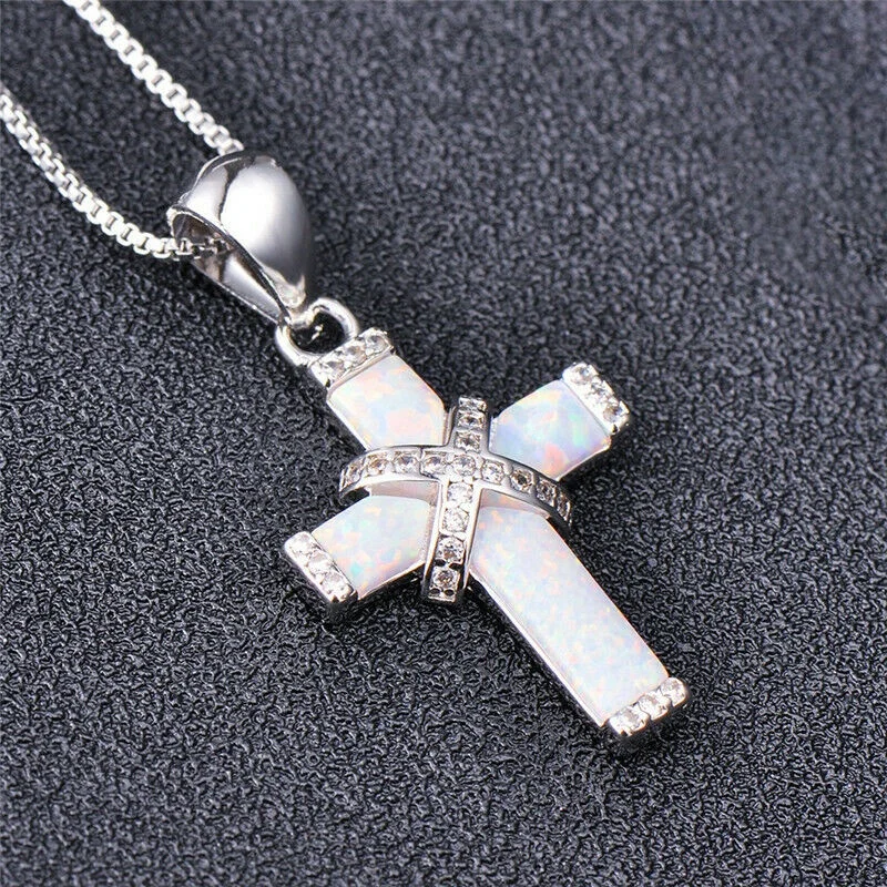 

New Design White Simulated Opal Cross Pendant Necklaces Women Silver Jewelry