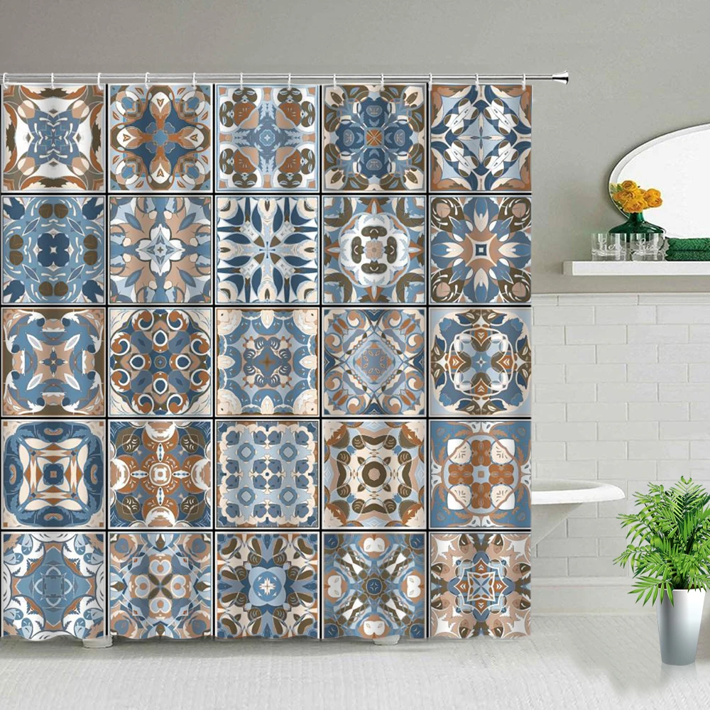 

Moroccan Shower Curtain Patchwork Pattern with Different Colorful Original Tunisian Bathroom Curtains Decor Set with Hooks