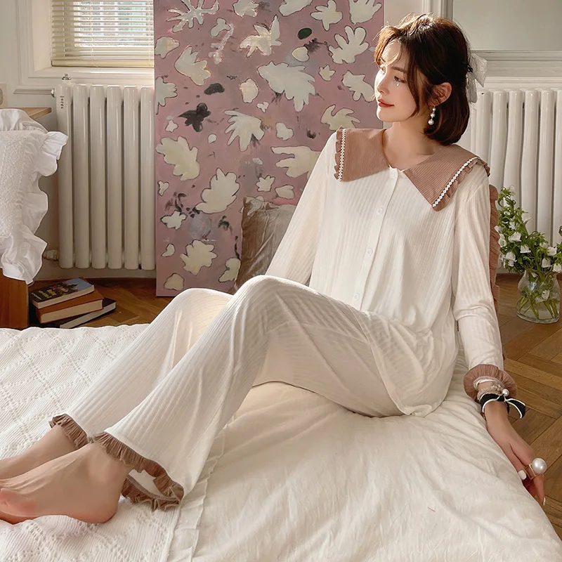 

Женские хлопковые Пижамные комплекты L-XL, милый пижамный комплект с цветочной отделкой, пикантный кардиган, одежда для сна, 2 шт., нижнее бель...