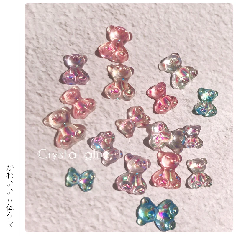 

6 pc 3D Cute Bear Resin Nail Art Decorations Aurora Rhinestones For Nail Glitter Jelly Ornaments DIY UV Gel Manicure Accessories