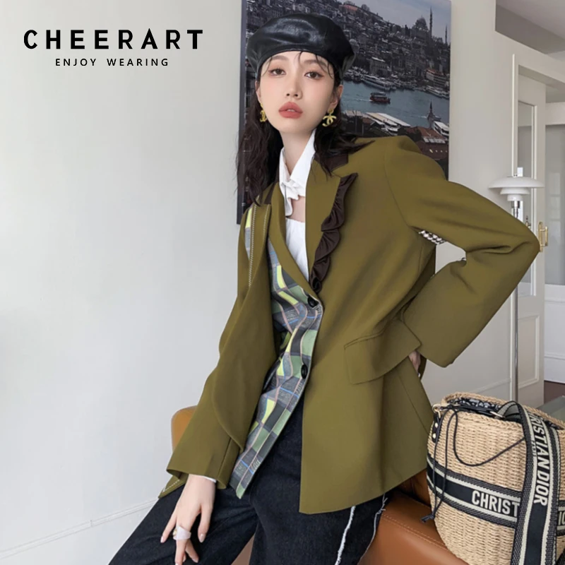 

Дизайнерский Блейзер CHEERART в стиле пэчворк контрастного зеленого цвета для женщин, элегантное стильное пальто и куртка, осенняя одежда