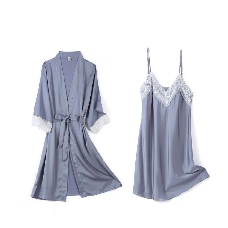 

Casual Soft Kimono Bathrobe Gown Wedding Robe Set New Arrival Lace Satin Patchwork Sleep Set Homewear Women Intimate Lingerie