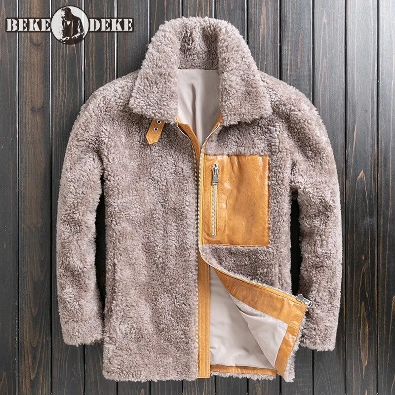 

Winter Wool Cashmere Coat Men Lapel Long Sleeve Real Fur Motorcycle Jacket Fashion Splice Genuine Leather Mens Casual Outerwear