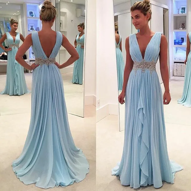 

Sexy Beaded Chiffon Long Prom Dresses with Pockets A-Line V-Neck Pleated Abendkleider Robes de Soirée for Women