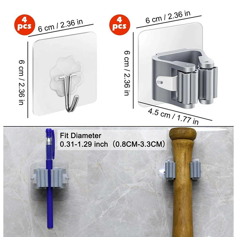 Набор из 8 держателей и крючков для швабры настенный захват метлы самоклеящийся