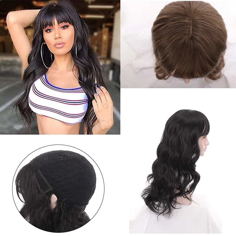 

Xuanguang synthetic natural brown-black/light brown wavy long hair wig, full bangs wig, headgear wig ladies wear daily