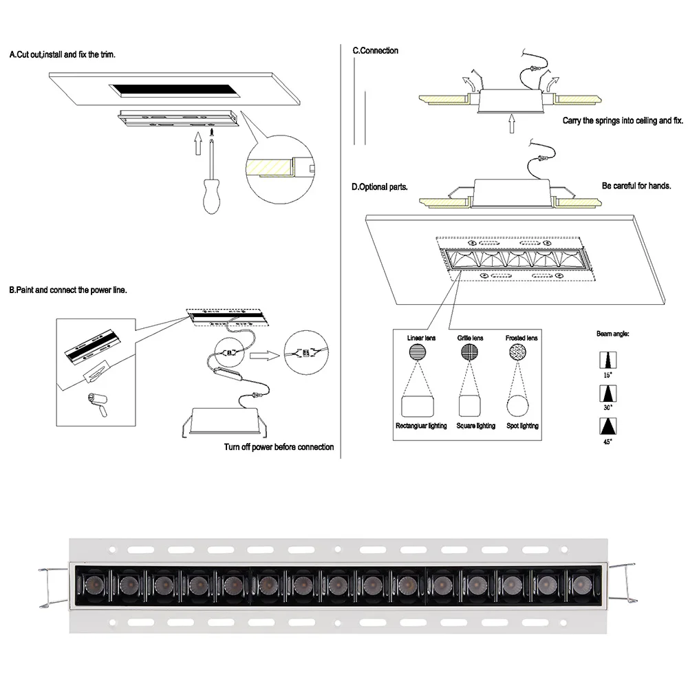Скрытая рамки узкий луч распределения 15 градусов анти блики Экран встраиваемые