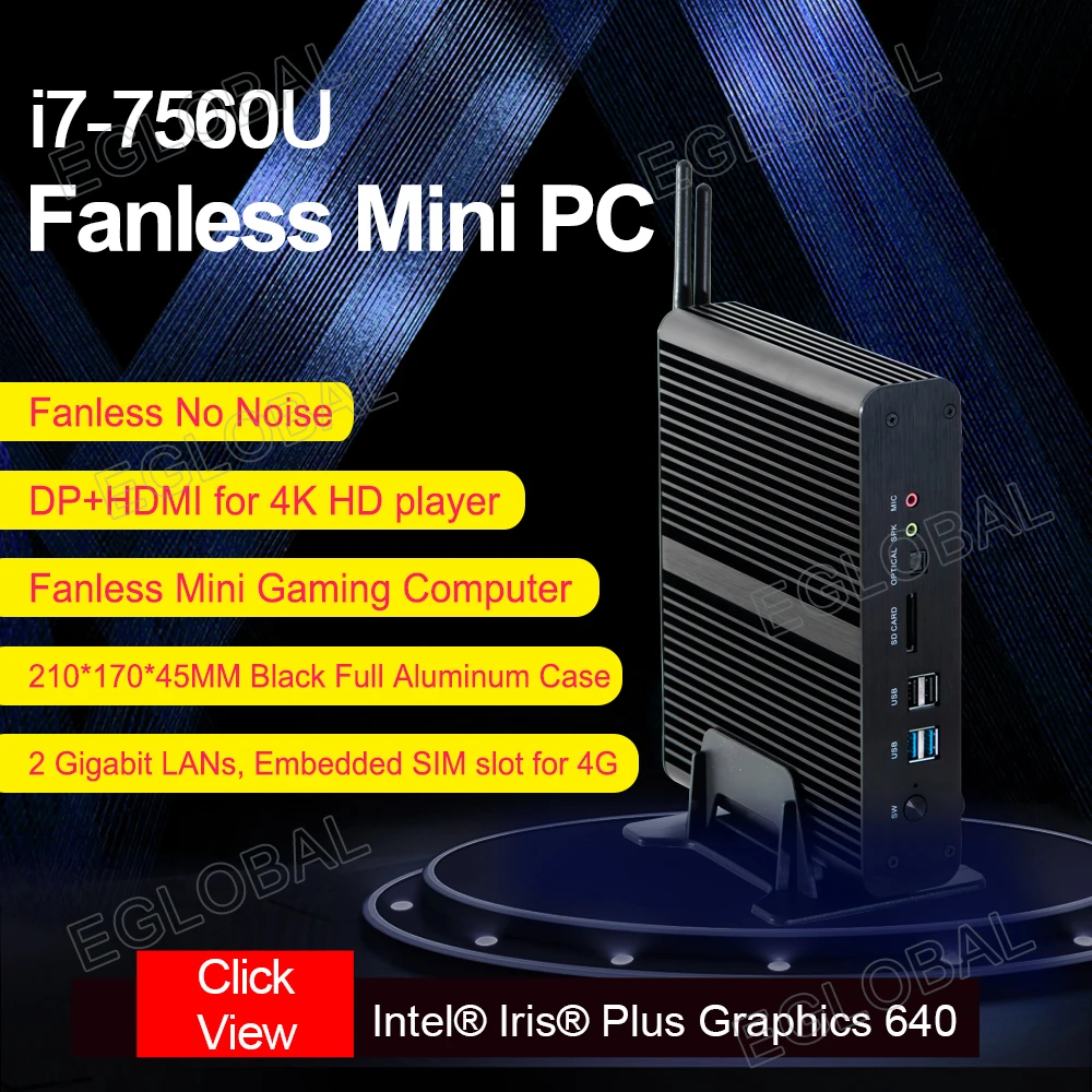 Eglobal Fanless Mini Computer Intel Core i7 7560U DDR4 Windows 10 Pro Desktop PC 2 RJ45 Lan DP HDMI for 4k Display SIM SD Card | Компьютеры