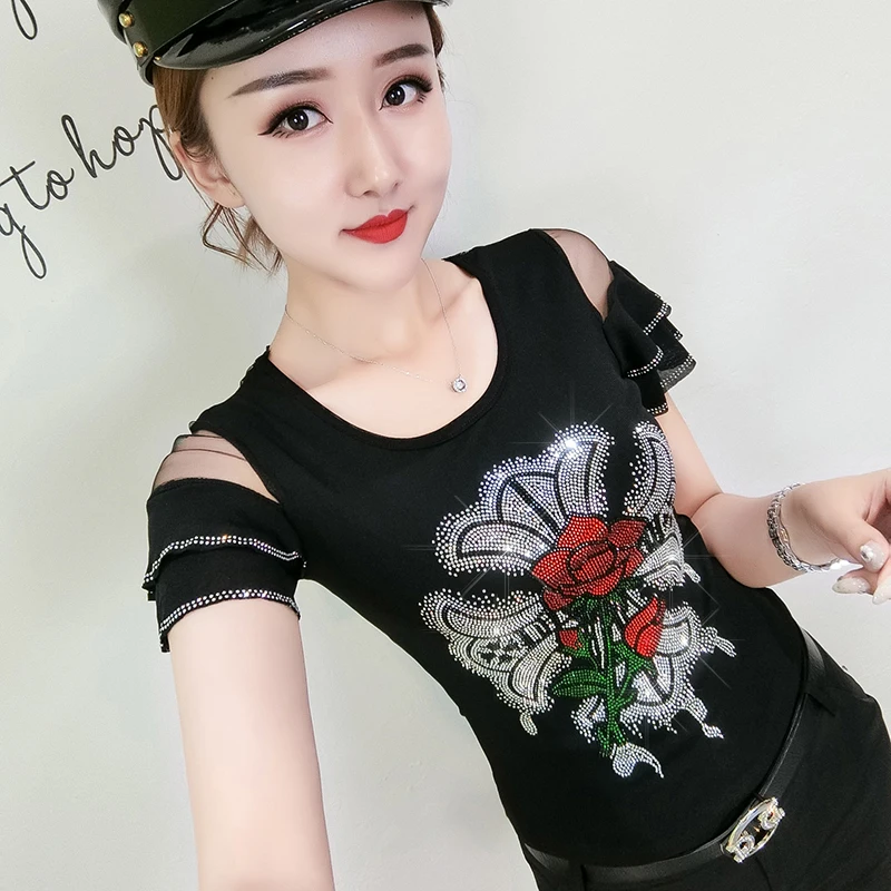 

Make new summer heavy process set auger double ice silk yarn fashion joker t-shirts with short sleeves frock