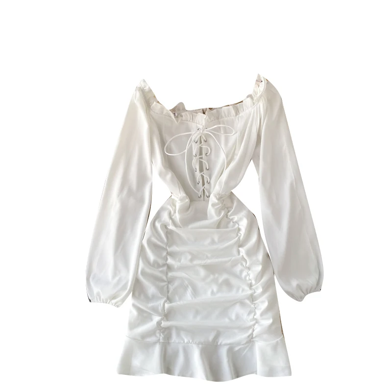 

Hot Sale Slash Neck Off Shoulder Puff Sleeve Bust Shirring Draw String Dresses Side Folds Pleated Short Ruffle Dress Women 2021