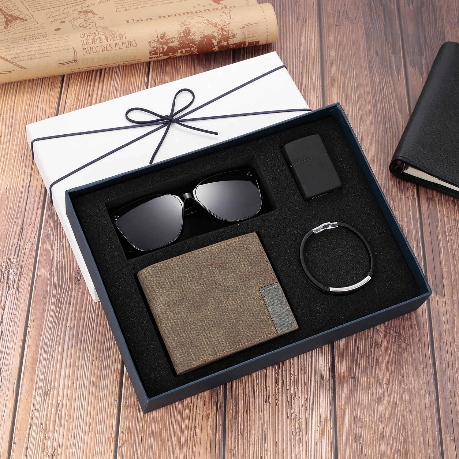 Custom Men’s Gift Box PU Leather Wallet Sunglasses Lighter Custom Logo Engraved Name Men’s Bracelet Four-piece Gift