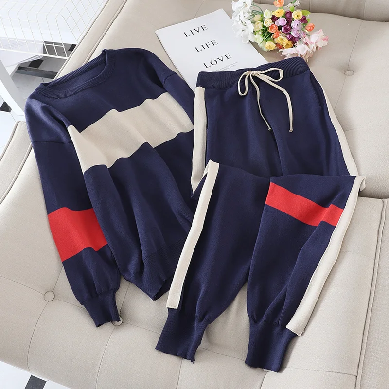 

Women Casual Knit Tracksuit 2020 New Korean Loose Autumn Fashion Splice Style Long-sleeved Striped Knitted Pants Two Piece Set