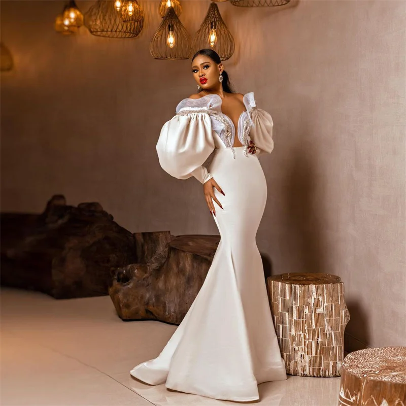 

Graceful White Mermaid Prom Dresses Beads Puffy Long Sleeves Evening Dress Custom Made Floor Length Party Gown