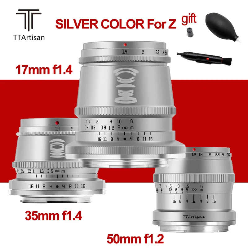 Серебристый объектив TTArtisan 35 мм F1.4 50 F1.2 17 APS C с ручной фокусировкой для камеры Nikon Z5