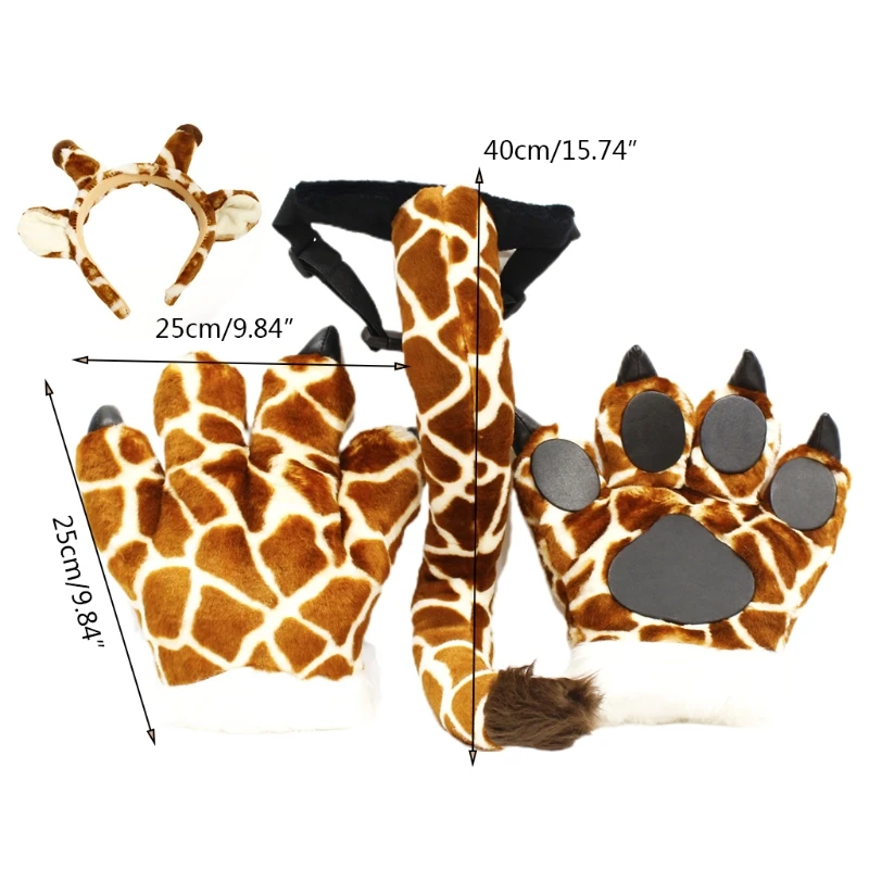 

3Pcs Adult Kids Funny Animal Cosplay Costume Set Giraffe Headband 3D Plush Paw Gloves Stuffed Toys Furry Long Tail