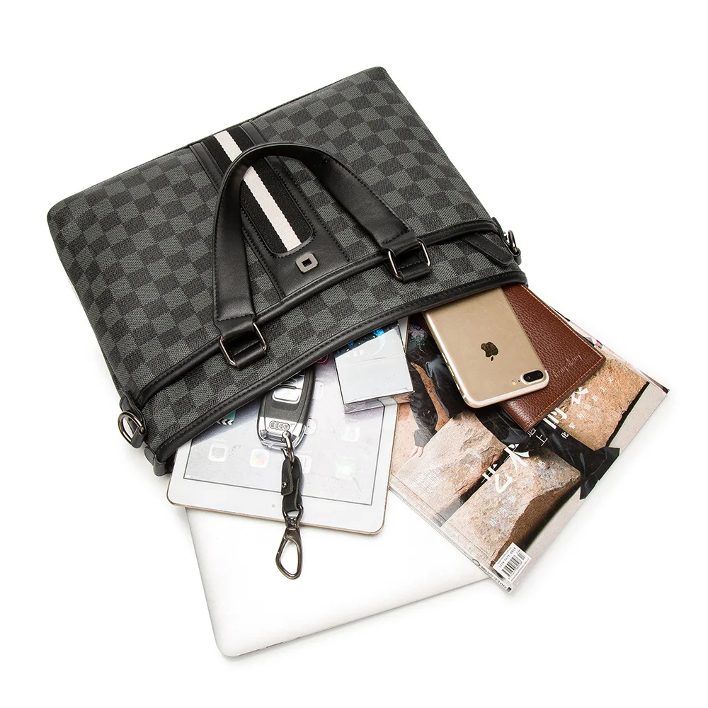 

Plaid PU Leader Men Briefcase Business Handbag Work Office Bags For Man Fashion Designer Black 2020 Waterproof Ipad High Quality