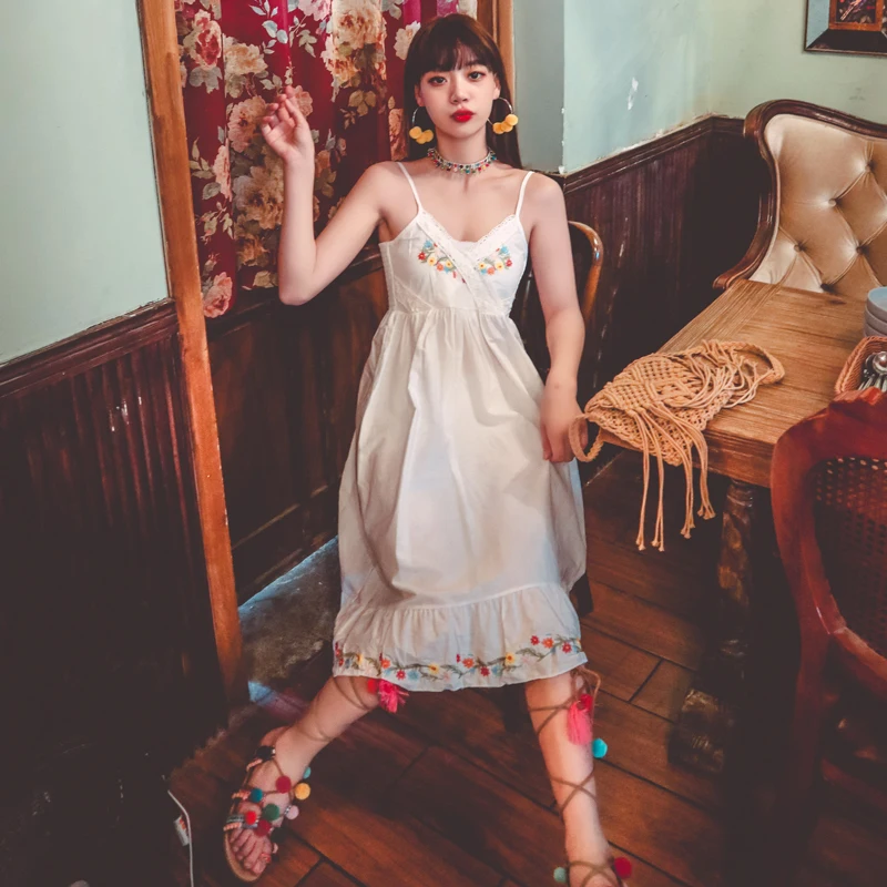 

Make fairy cotton embroidery flower bud silk joining together condole belt dress three color