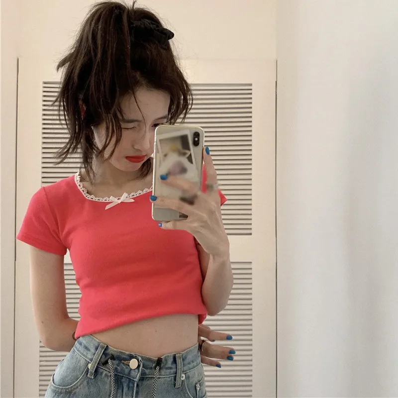 

Women 's Korean Style Tshirt Sweet Girls Square Collar Lace Short Top Summer Short Sleeve Knitted Slim Pullover T-Shirt