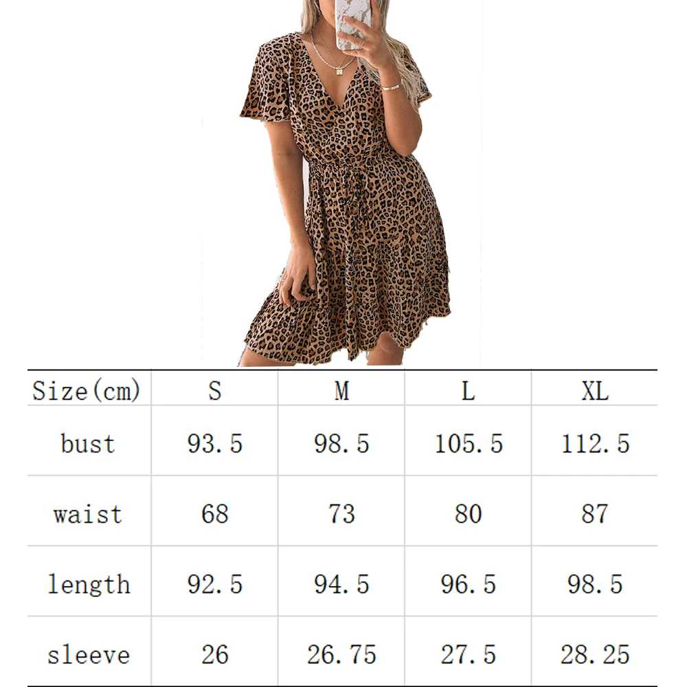 

Women's V Neck Chiffon Leopard Dress High-waisted Skirt Short Sleeves Swing Ruffle Short Flared Dress Sweet Miniskirt